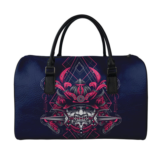 Geometric Samurai Mask Print Leather Duffle Bag