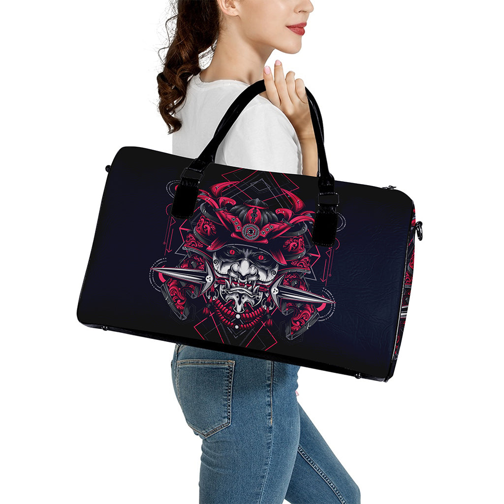 Geometric Samurai Mask Print Leather Duffle Bag
