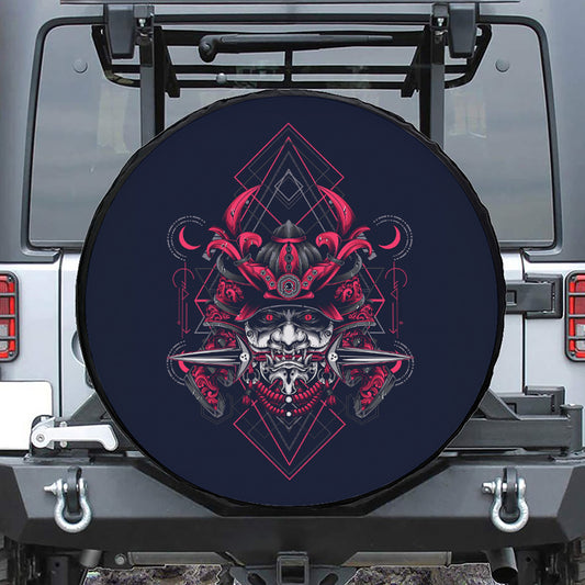 Geometric Samurai Mask Print Leather Spare Tire Cover