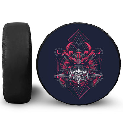 Geometric Samurai Mask Print Leather Spare Tire Cover