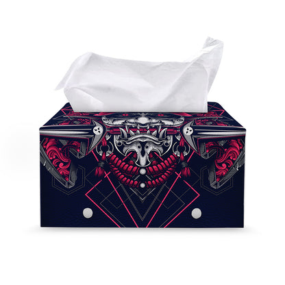Geometric Samurai Mask Print Leather Tissue Box Cover