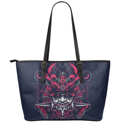 Geometric Samurai Mask Print Leather Tote Bag
