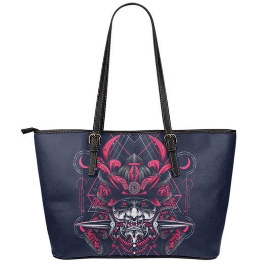 Geometric Samurai Mask Print Leather Tote Bag