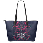 Geometric Samurai Mask Print Leather Tote Bag