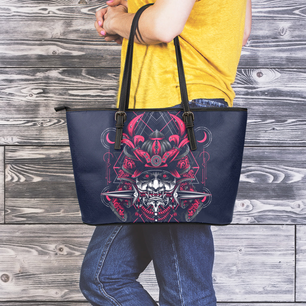 Geometric Samurai Mask Print Leather Tote Bag
