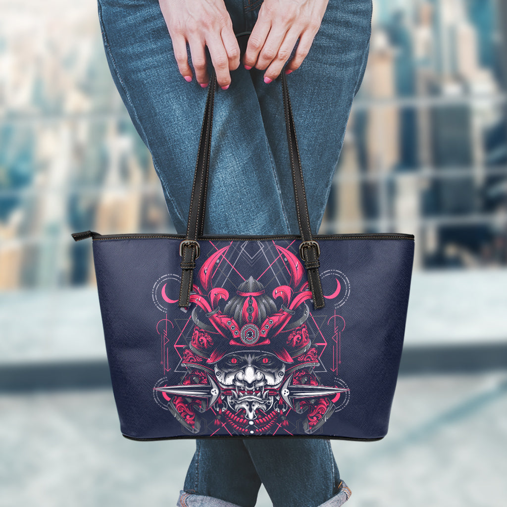 Geometric Samurai Mask Print Leather Tote Bag