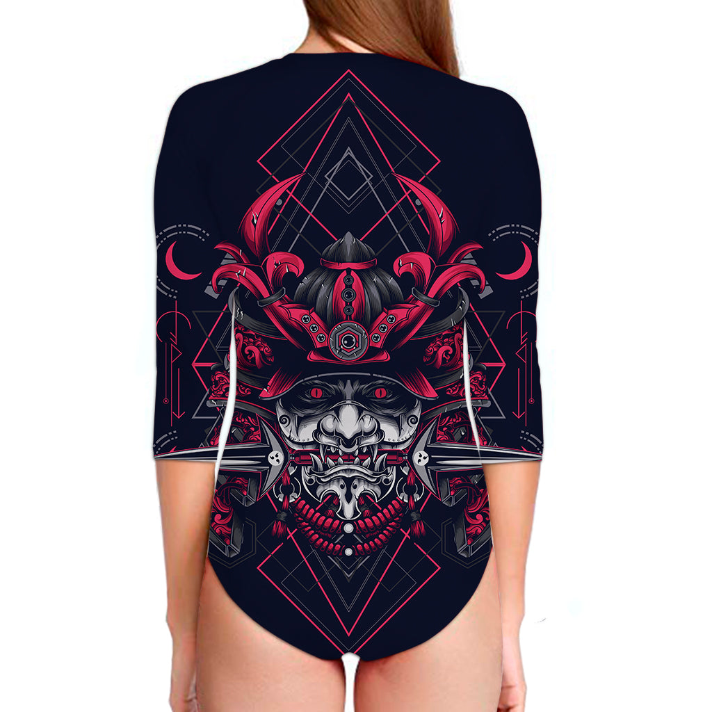Geometric Samurai Mask Print Long Sleeve Swimsuit