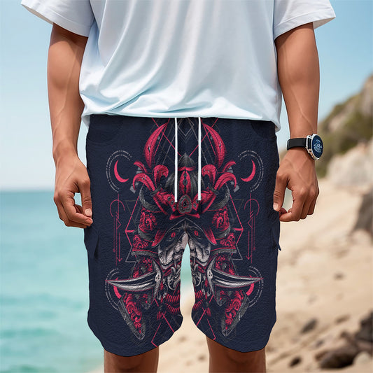 Geometric Samurai Mask Print Men's Cargo Shorts