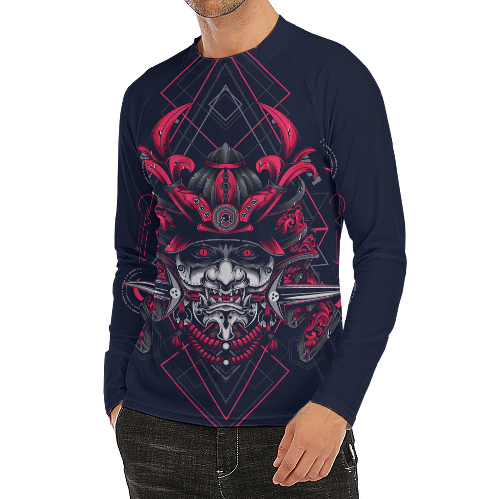 Geometric Samurai Mask Print Men's Long Sleeve Rash Guard