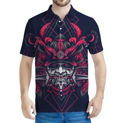 Geometric Samurai Mask Print Men's Polo Shirt