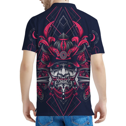 Geometric Samurai Mask Print Men's Polo Shirt