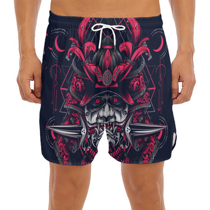 Geometric Samurai Mask Print Men's Split Running Shorts