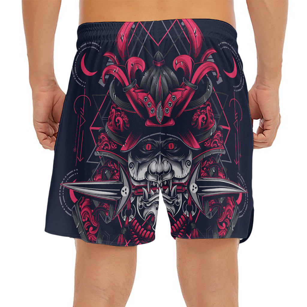 Geometric Samurai Mask Print Men's Split Running Shorts