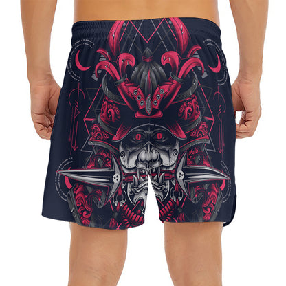 Geometric Samurai Mask Print Men's Split Running Shorts