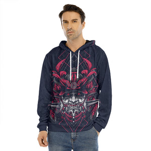 Geometric Samurai Mask Print Men's Velvet Pullover Hoodie