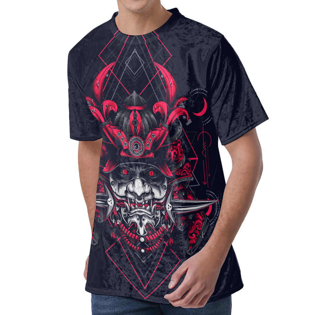 Geometric Samurai Mask Print Men's Velvet T-Shirt