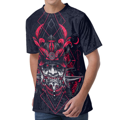 Geometric Samurai Mask Print Men's Velvet T-Shirt