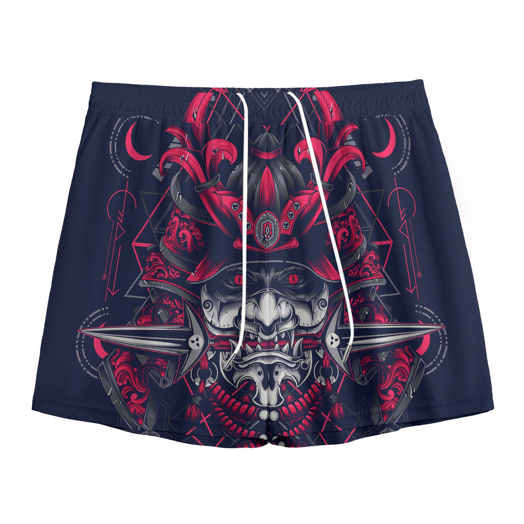Geometric Samurai Mask Print Mesh Shorts