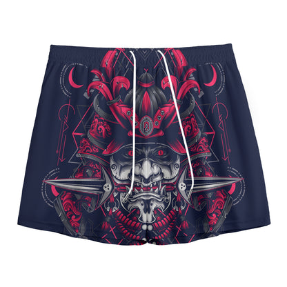 Geometric Samurai Mask Print Mesh Shorts