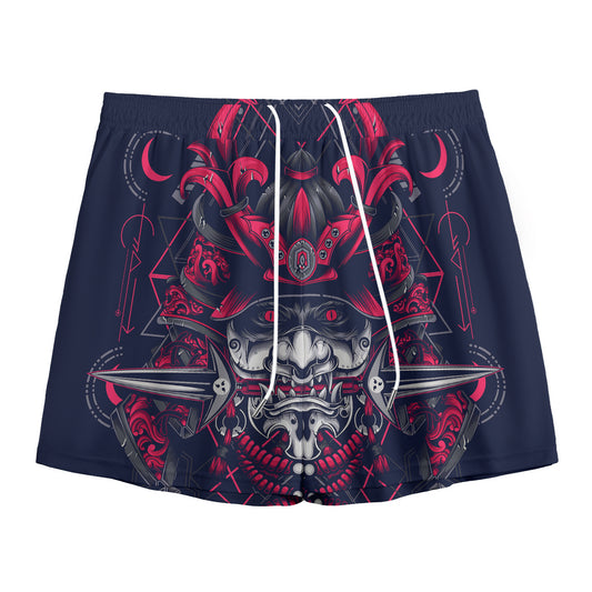 Geometric Samurai Mask Print Mesh Shorts