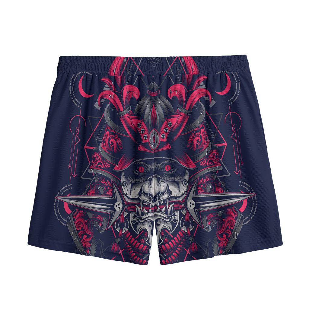 Geometric Samurai Mask Print Mesh Shorts