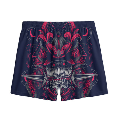 Geometric Samurai Mask Print Mesh Shorts