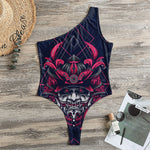 Geometric Samurai Mask Print One Shoulder Bodysuit