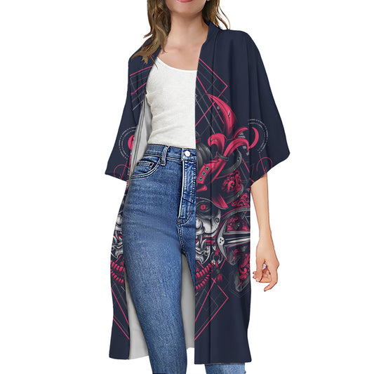 Geometric Samurai Mask Print Open Front Beach Cover Up