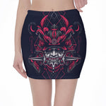 Geometric Samurai Mask Print Pencil Mini Skirt