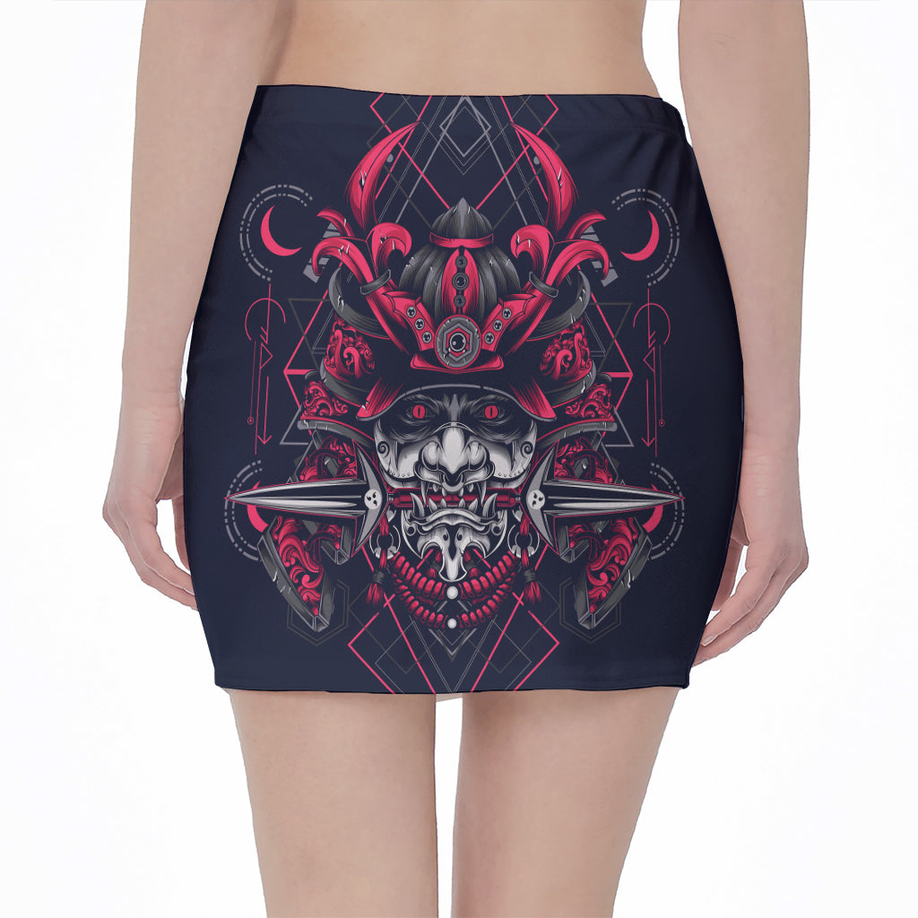 Geometric Samurai Mask Print Pencil Mini Skirt