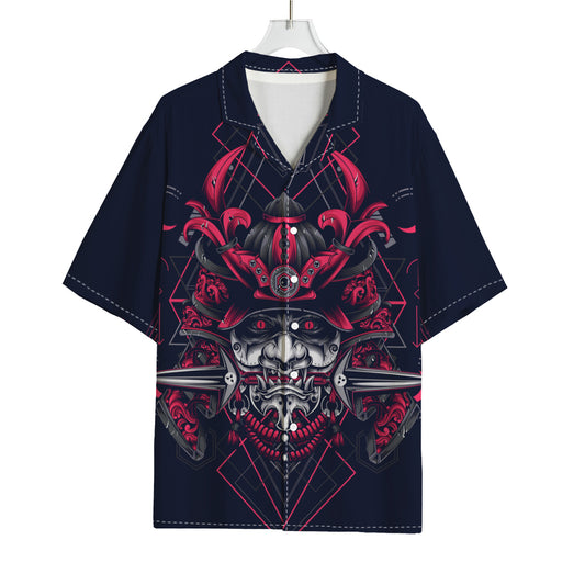 Geometric Samurai Mask Print Rayon Hawaiian Shirt