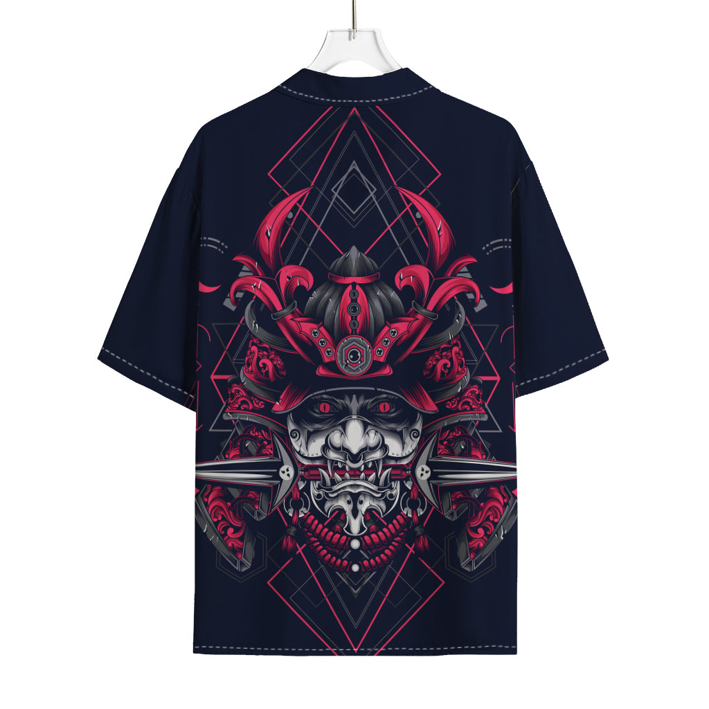 Geometric Samurai Mask Print Rayon Hawaiian Shirt