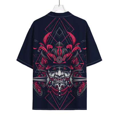 Geometric Samurai Mask Print Rayon Hawaiian Shirt