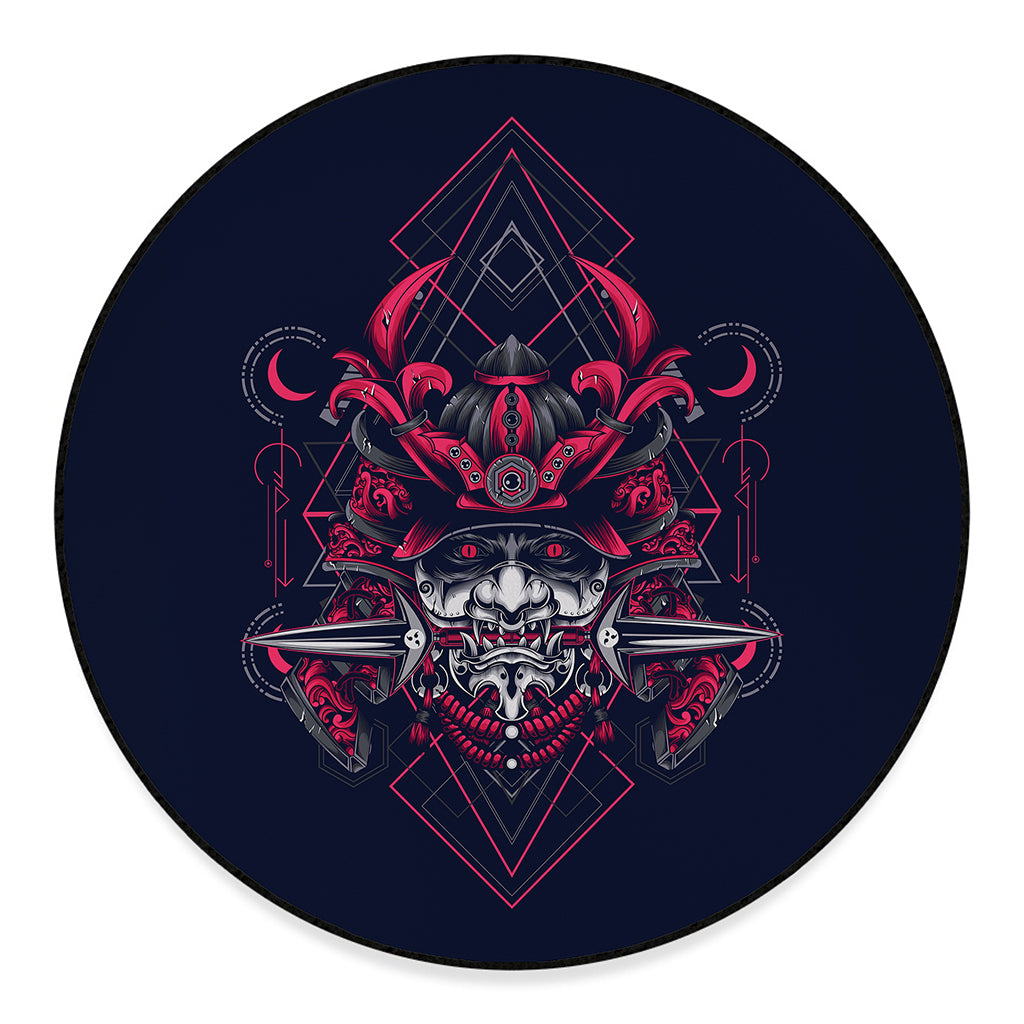 Geometric Samurai Mask Print Round Floor Mat