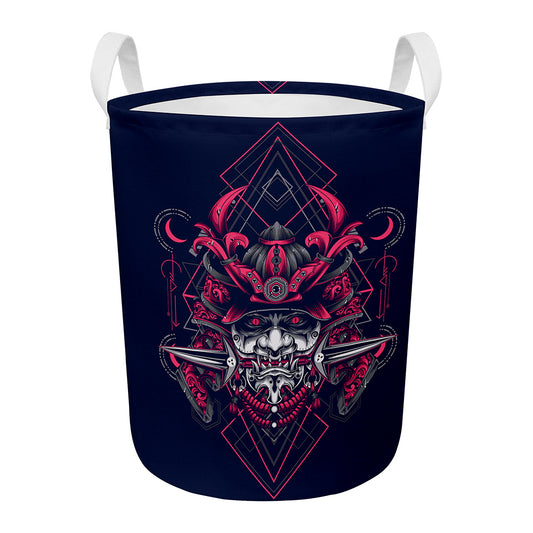 Geometric Samurai Mask Print Round Laundry Basket