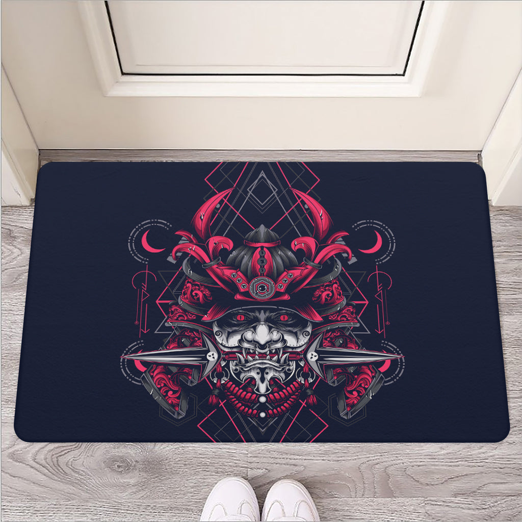 Geometric Samurai Mask Print Rubber Doormat