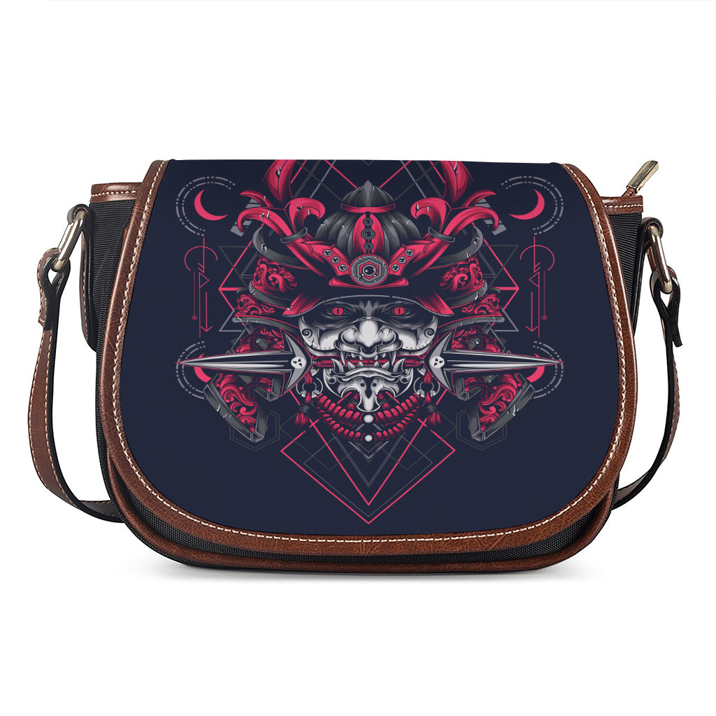 Geometric Samurai Mask Print Saddle Bag