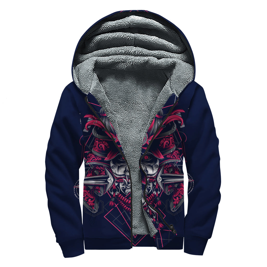 Geometric Samurai Mask Print Sherpa Lined Zip Up Hoodie