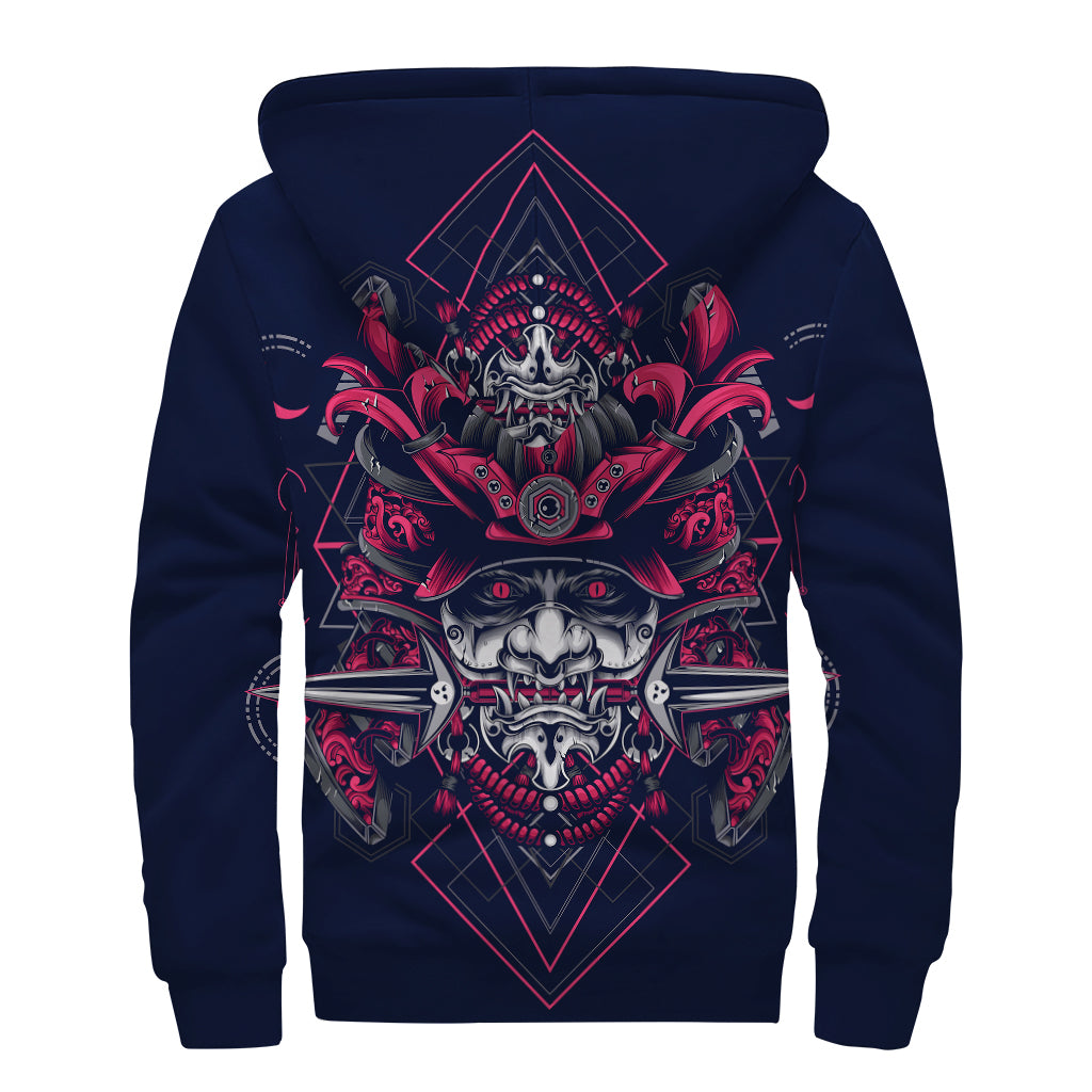 Geometric Samurai Mask Print Sherpa Lined Zip Up Hoodie