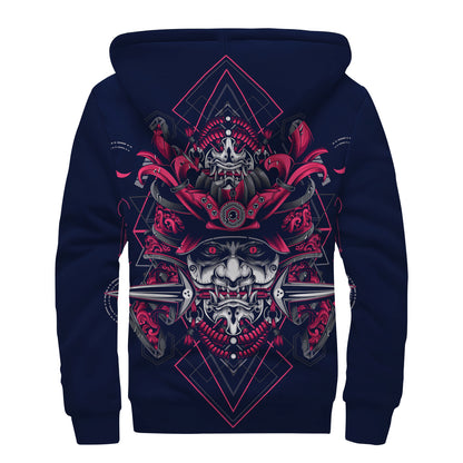 Geometric Samurai Mask Print Sherpa Lined Zip Up Hoodie