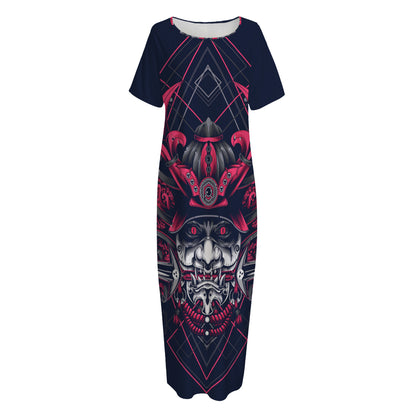 Geometric Samurai Mask Print Short Sleeve Long Nightdress