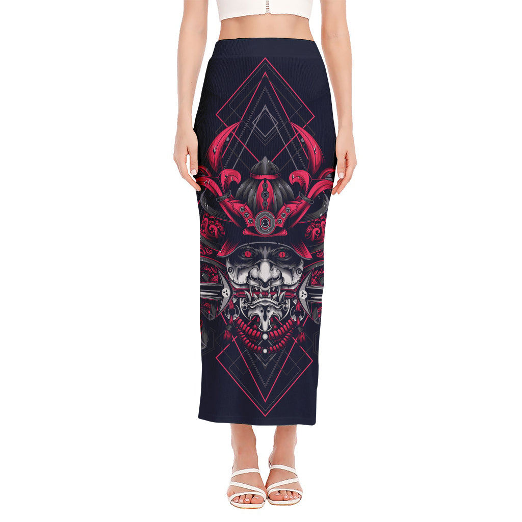 Geometric Samurai Mask Print Side Slit Maxi Skirt