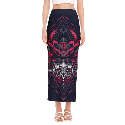 Geometric Samurai Mask Print Side Slit Maxi Skirt