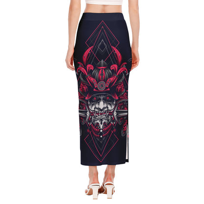 Geometric Samurai Mask Print Side Slit Maxi Skirt