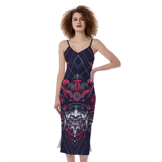 Geometric Samurai Mask Print Slim Fit Midi Cami Dress