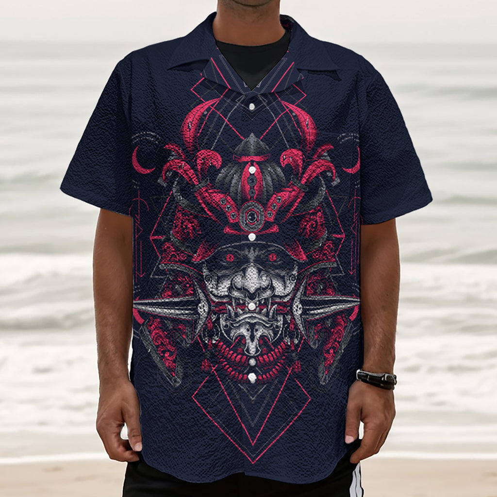 Geometric Samurai Mask Print Textured Short Sleeve Shirt