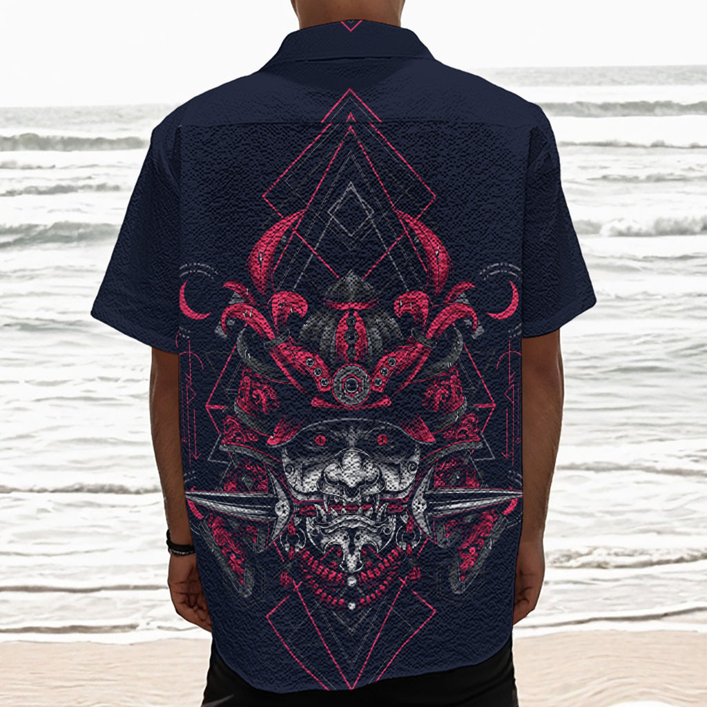 Geometric Samurai Mask Print Textured Short Sleeve Shirt