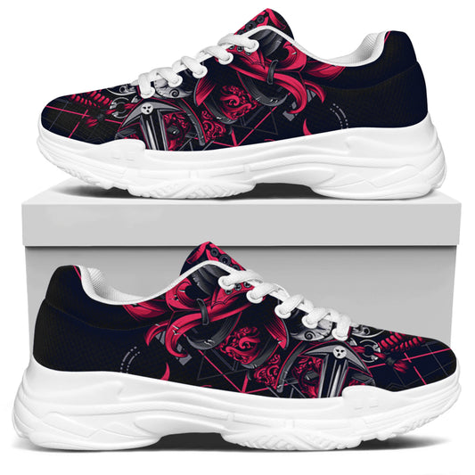 Geometric Samurai Mask Print White Chunky Shoes