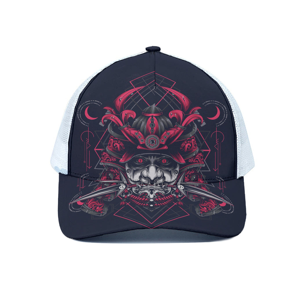 Geometric Samurai Mask Print White Mesh Trucker Cap