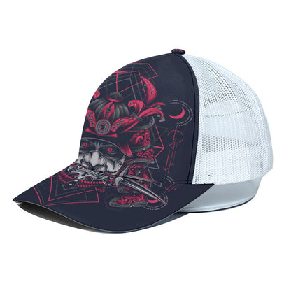 Geometric Samurai Mask Print White Mesh Trucker Cap